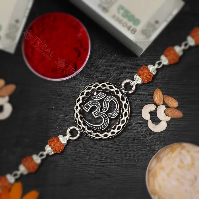 925 sterling silver handmade Aum ot OM design Rakhi bracelet amazing Rudrakshablack and wihte Tulsi beaded bracelet delicate jewelry rk252 TRIBAL ORNAMENTS Bracelets 925 sterling silver handmade Aum ot OM design Rakhi bracelet amazing Rudrakshablack and wihte Tulsi beaded bracelet delicate jewelry rk252 TRIBAL ORNAMENTS Bracelets