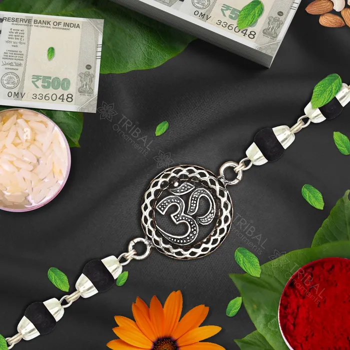 925 sterling silver handmade Aum ot OM design Rakhi bracelet amazing Rudrakshablack and wihte Tulsi beaded bracelet delicate jewelry rk252 TRIBAL ORNAMENTS Bracelets 925 sterling silver handmade Aum ot OM design Rakhi bracelet amazing Rudrakshablack and wihte Tulsi beaded bracelet delicate jewelry rk252 TRIBAL ORNAMENTS Bracelets