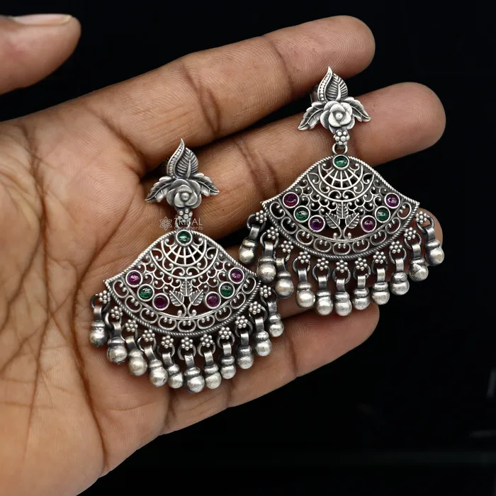 925 sterling silver handmade floral design red green stone earrings with hanging drops Ghungroo ethnic brides functional jewelry s1235 TRIBAL ORNAMENTS Earrings