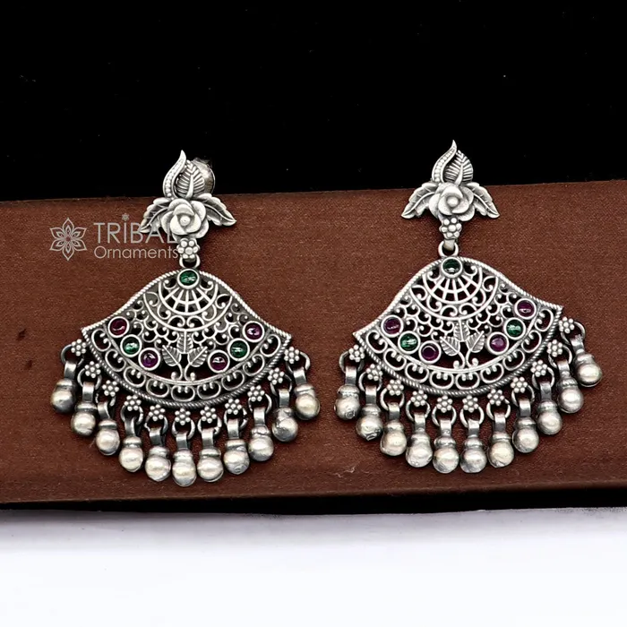 925 sterling silver handmade floral design red green stone earrings with hanging drops Ghungroo ethnic brides functional jewelry s1235 TRIBAL ORNAMENTS Earrings