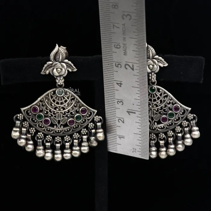 925 sterling silver handmade floral design red green stone earrings with hanging drops Ghungroo ethnic brides functional jewelry s1235 TRIBAL ORNAMENTS Earrings