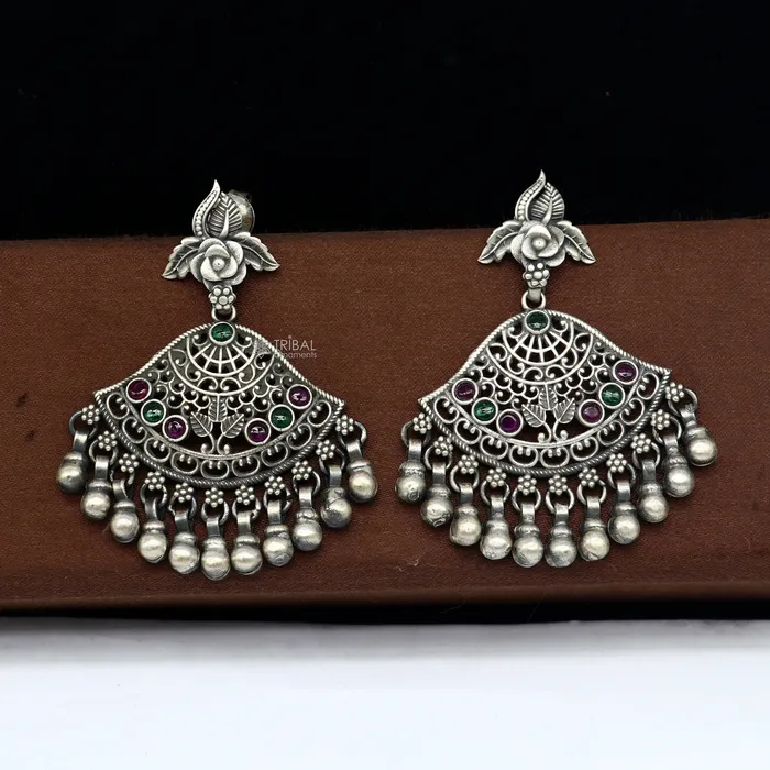 925 sterling silver handmade floral design red green stone earrings with hanging drops Ghungroo ethnic brides functional jewelry s1235 TRIBAL ORNAMENTS Earrings