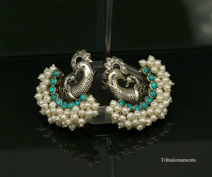 925 sterling silver handmade gorgeous peacock design stud earring with gorgeous turquoise and pearl customized earring tribal jewelry s858 TRIBAL ORNAMENTS Earrings 925 sterling silver handmade gorgeous peacock design stud earring with gorgeous turquoise and pearl customized earring tribal jewelry s858 TRIBAL ORNAMENTS Earrings