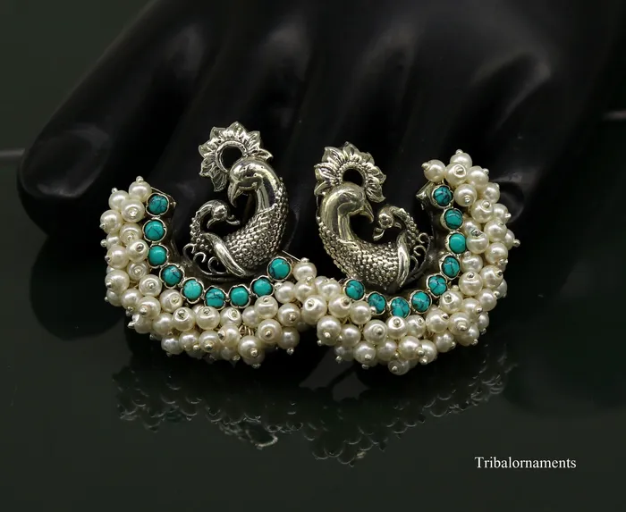 925 sterling silver handmade gorgeous peacock design stud earring with gorgeous turquoise and pearl customized earring tribal jewelry s858 TRIBAL ORNAMENTS Earrings