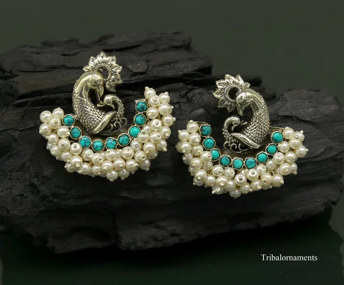 925 sterling silver handmade gorgeous peacock design stud earring with gorgeous turquoise and pearl customized earring tribal jewelry s858 TRIBAL ORNAMENTS Earrings