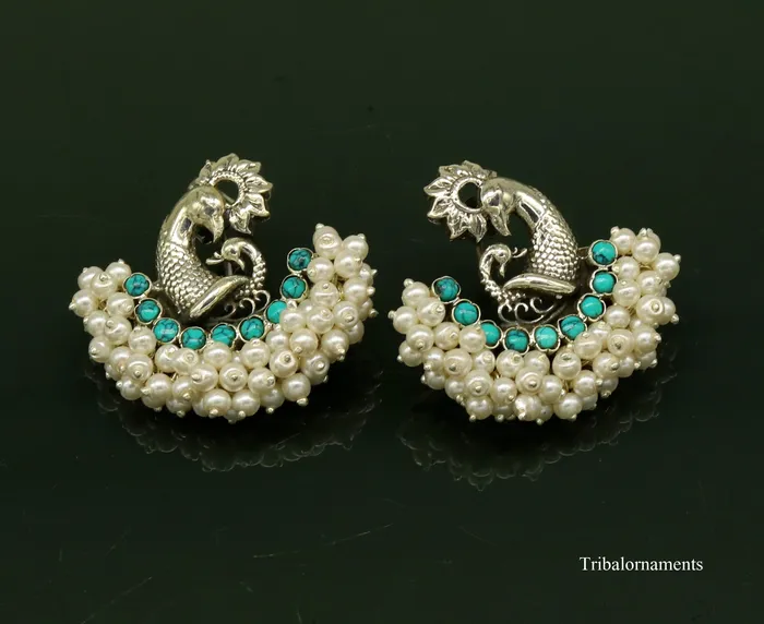 925 sterling silver handmade gorgeous peacock design stud earring with gorgeous turquoise and pearl customized earring tribal jewelry s858 TRIBAL ORNAMENTS Earrings