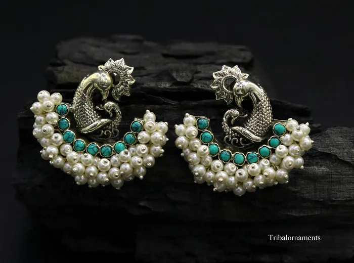925 sterling silver handmade gorgeous peacock design stud earring with gorgeous turquoise and pearl customized earring tribal jewelry s858 TRIBAL ORNAMENTS Earrings