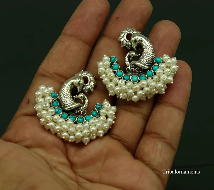 925 sterling silver handmade gorgeous peacock design stud earring with gorgeous turquoise and pearl customized earring tribal jewelry s858 TRIBAL ORNAMENTS Earrings