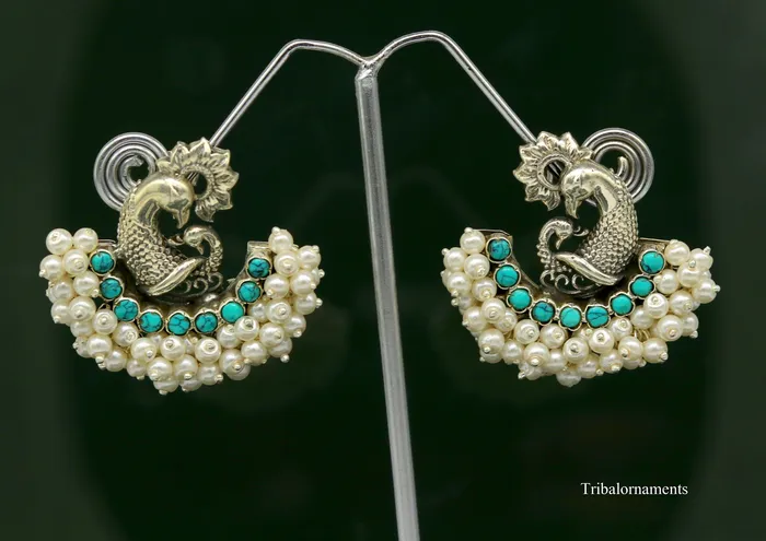 925 sterling silver handmade gorgeous peacock design stud earring with gorgeous turquoise and pearl customized earring tribal jewelry s858 TRIBAL ORNAMENTS Earrings