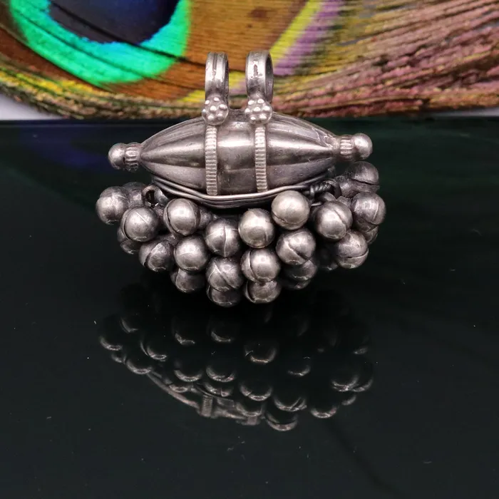 925 Sterling silver handmade solid pendant with hanging jingle bells awesome vintage antique design tribal jewelry nsp58 TRIBAL ORNAMENTS Necklaces