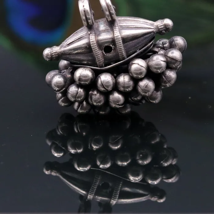 925 Sterling silver handmade solid pendant with hanging jingle bells awesome vintage antique design tribal jewelry nsp58 TRIBAL ORNAMENTS Necklaces