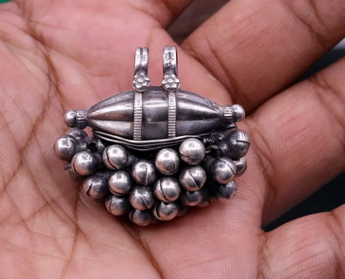 925 Sterling silver handmade solid pendant with hanging jingle bells awesome vintage antique design tribal jewelry nsp58 TRIBAL ORNAMENTS Necklaces