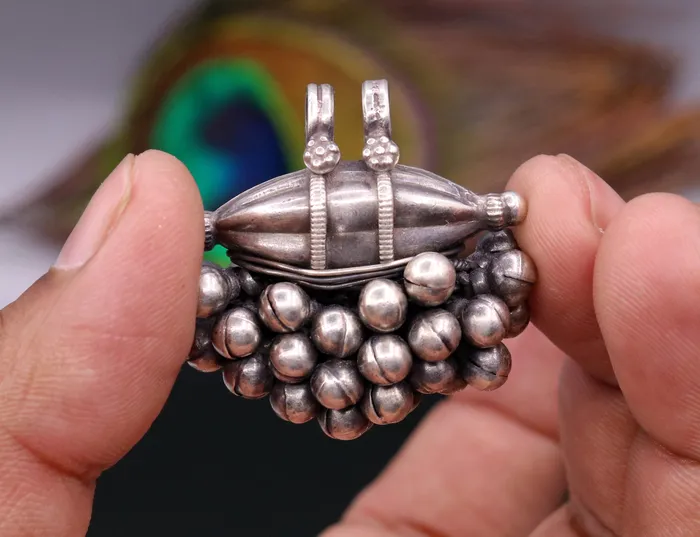 925 Sterling silver handmade solid pendant with hanging jingle bells awesome vintage antique design tribal jewelry nsp58 TRIBAL ORNAMENTS Necklaces