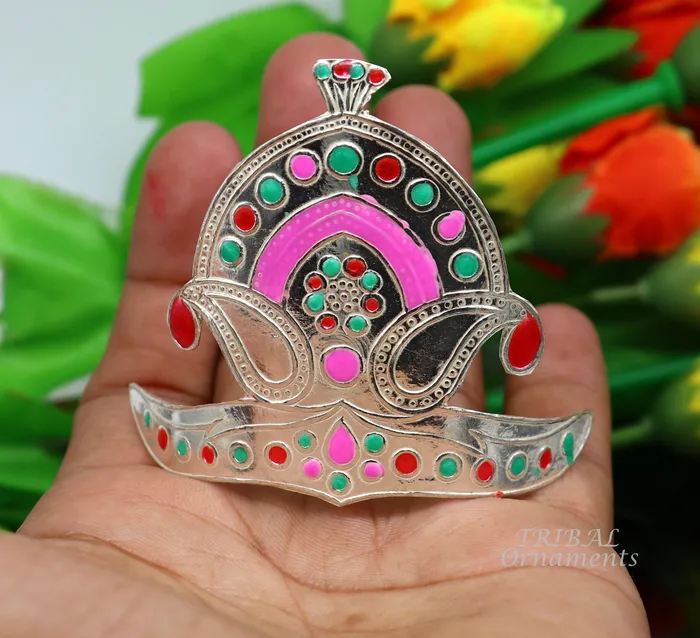 925 sterling silver vintage antique design mukut crown amazing handmade enamel work design silver god crown home temple god hat su875 TRIBAL ORNAMENTS Rings
