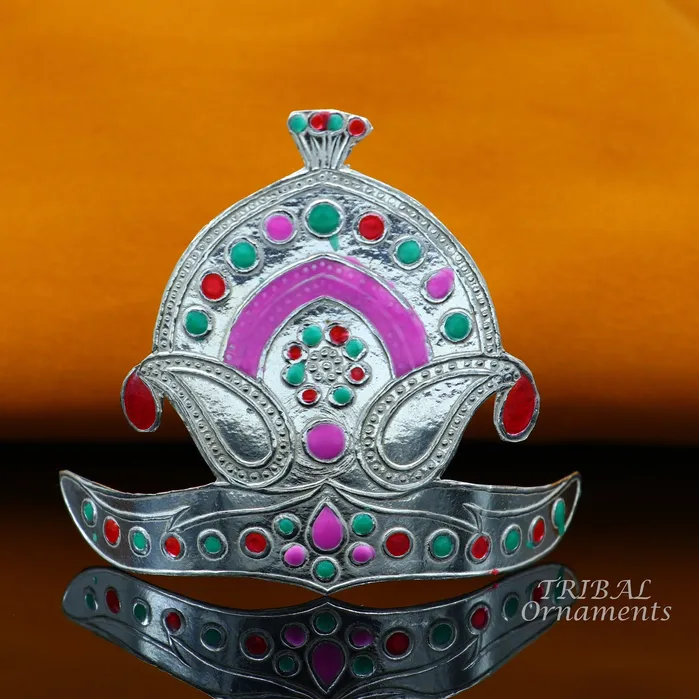 925 sterling silver vintage antique design mukut crown amazing handmade enamel work design silver god crown home temple god hat su875 TRIBAL ORNAMENTS Rings