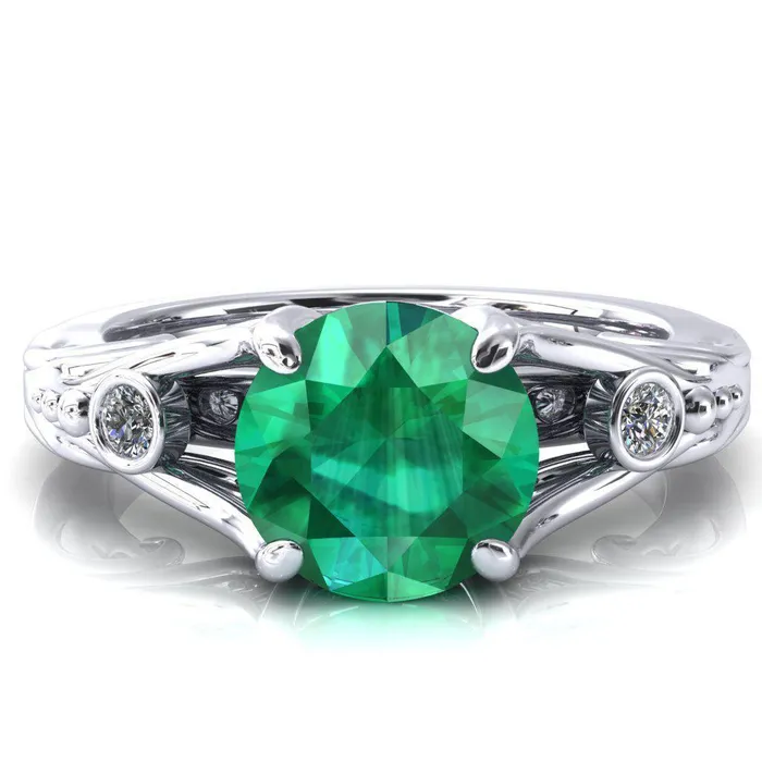 Aerolynn Round Emerald 4 Prong Diamond Accent Engagement Ring Fire Brilliance Rings