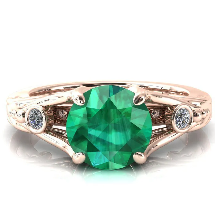 Aerolynn Round Emerald 4 Prong Diamond Accent Engagement Ring Fire Brilliance Rings
