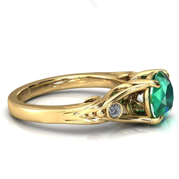Aerolynn Round Emerald 4 Prong Diamond Accent Engagement Ring Fire Brilliance Rings
