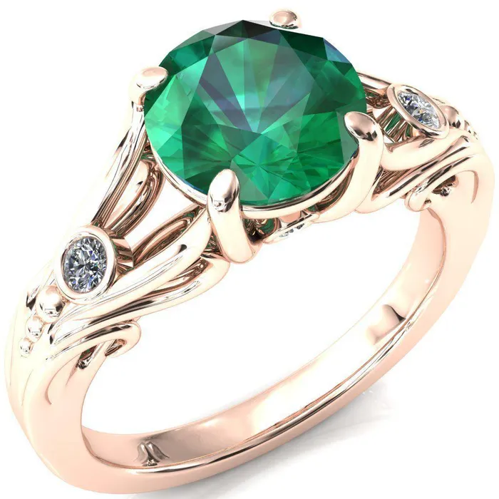 Aerolynn Round Emerald 4 Prong Diamond Accent Engagement Ring Fire Brilliance Rings
