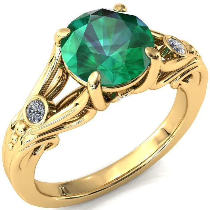 Aerolynn Round Emerald 4 Prong Diamond Accent Engagement Ring Fire Brilliance Rings