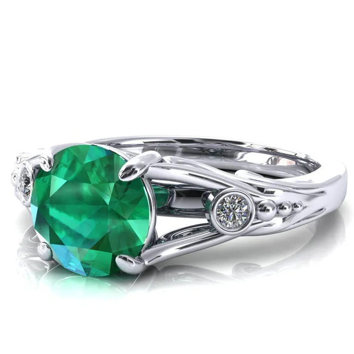 Aerolynn Round Emerald 4 Prong Diamond Accent Engagement Ring Fire Brilliance Rings