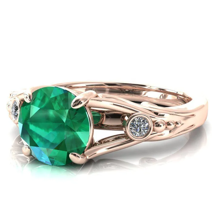 Aerolynn Round Emerald 4 Prong Diamond Accent Engagement Ring Fire Brilliance Rings