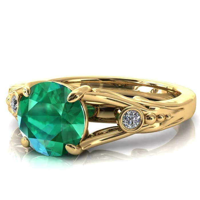 Aerolynn Round Emerald 4 Prong Diamond Accent Engagement Ring Fire Brilliance Rings