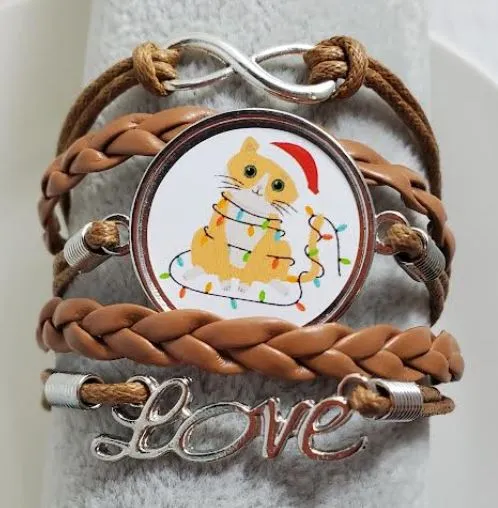 alice Bracelets AZ1379 Brown Christmas Kitty Cat Layer Leather Bracelet