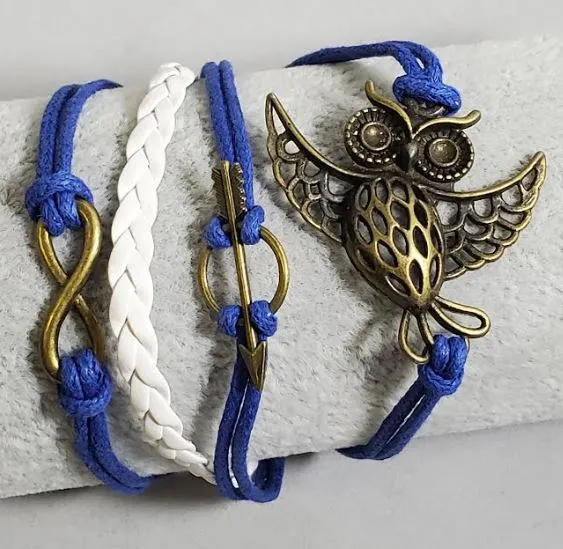 alice Bracelets B1296 Blue Owl Arrow Infinity Leather Layer Bracelet