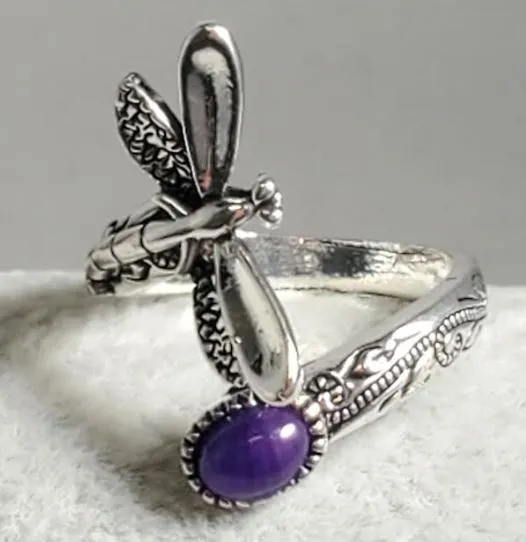 alice Rings R640 Silver Dragonfly Purple Gem Ring