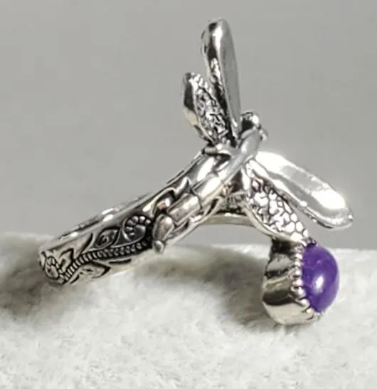 alice Rings R640 Silver Dragonfly Purple Gem Ring