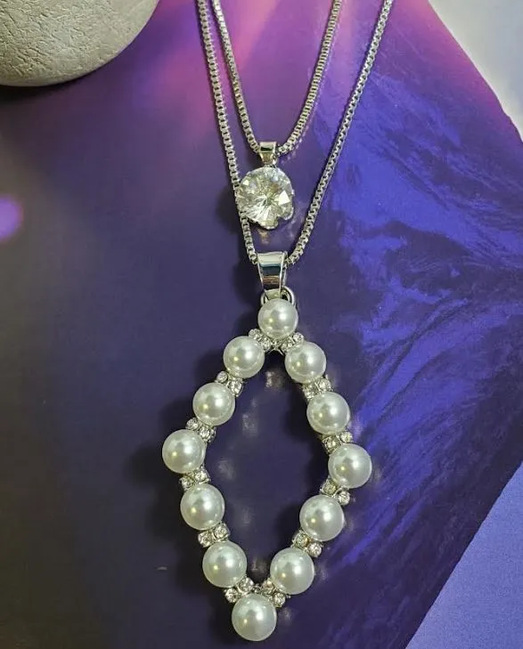 AZ108 Silver Pearl Rhinestone Diamond Shape Necklace with FREE EARRINGS polly Necklaces AZ108 Silver Pearl Rhinestone Diamond Shape Necklace with FREE EARRINGS polly Necklaces