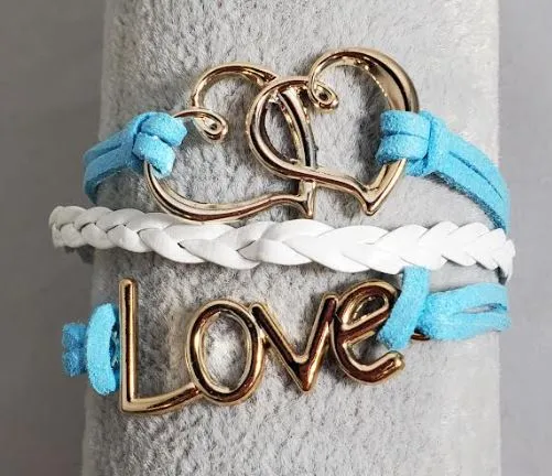 AZ1170 Light Blue White Love Heart Infinity Layer Leather Bracelet alice Bracelets