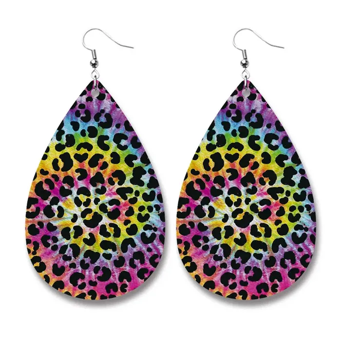 AZ426 Leather Multi Color Leopard Water Drop Earrings 01 Earrings