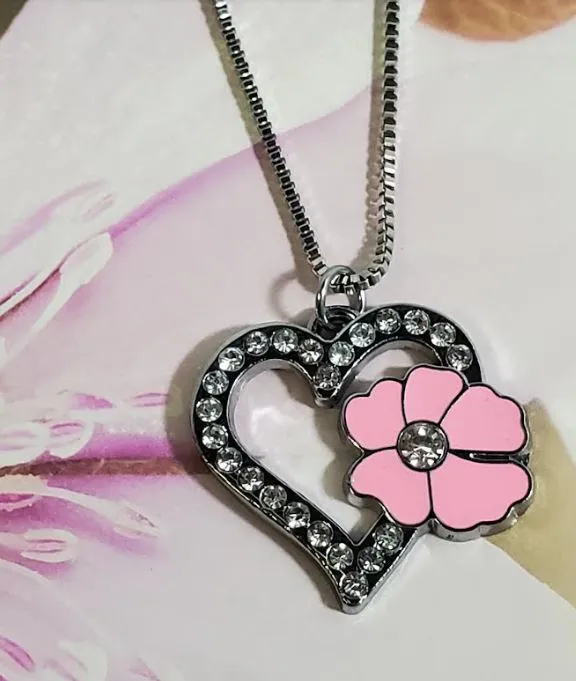 AZ84 Silver Rhinestone Heart Pink Flower Necklace with FREE Earrings polly Necklaces