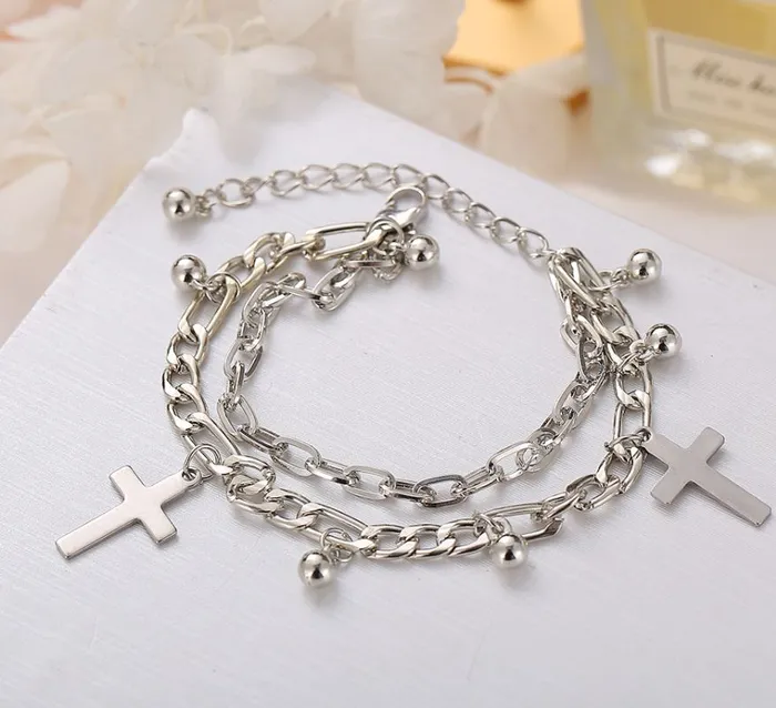 B1240 Silver Cross Charm Multi Layer Bracelet 02 Bracelets