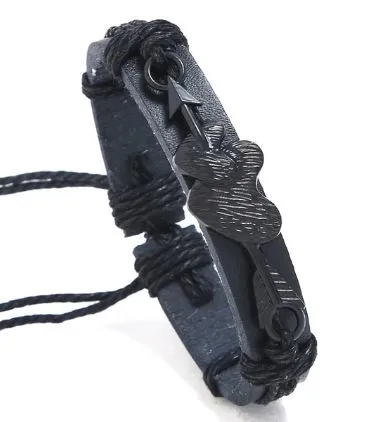 B268 Black Leather Hearts Arrow Bracelet 01 Bracelets