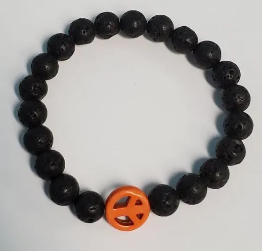 B466 Black Lava Stone Orange Peace Sign Bead Bracelet polly Bracelets