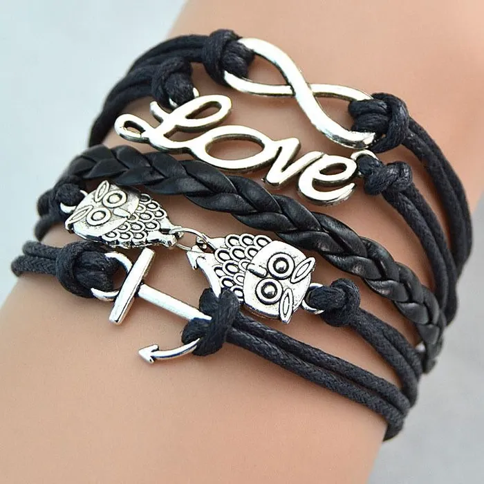 B50 Black Anchor Owl Love Infinity Leather Layer Bracelet alice Bracelets