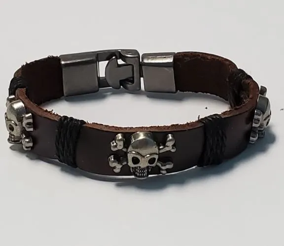B624 Multi Skulls Brown Leather Black Cord Bracelet POLLY Bracelets