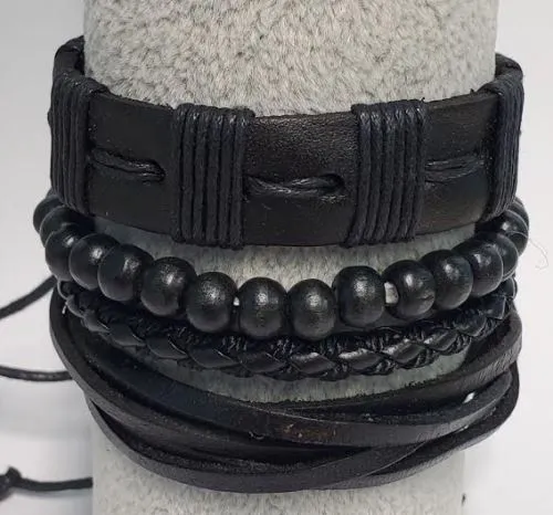 B691 Black Leather Wood Bead Bracelet Set polly Bracelets
