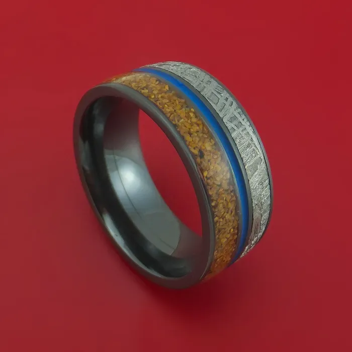 Black Zirconium Ring with Dinosaur Bone Gibeon Meteorite and Cerakote Inlays Custom Made Band Lashbrook Rings Black Zirconium Ring with Dinosaur Bone Gibeon Meteorite and Cerakote Inlays Custom Made Band Lashbrook Rings
