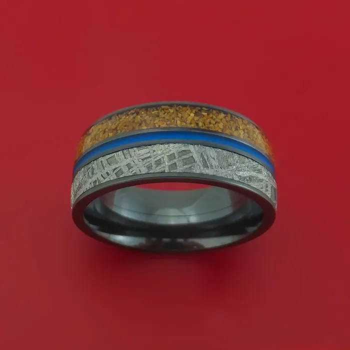 Black Zirconium Ring with Dinosaur Bone Gibeon Meteorite and Cerakote Inlays Custom Made Band Lashbrook Rings Black Zirconium Ring with Dinosaur Bone Gibeon Meteorite and Cerakote Inlays Custom Made Band Lashbrook Rings