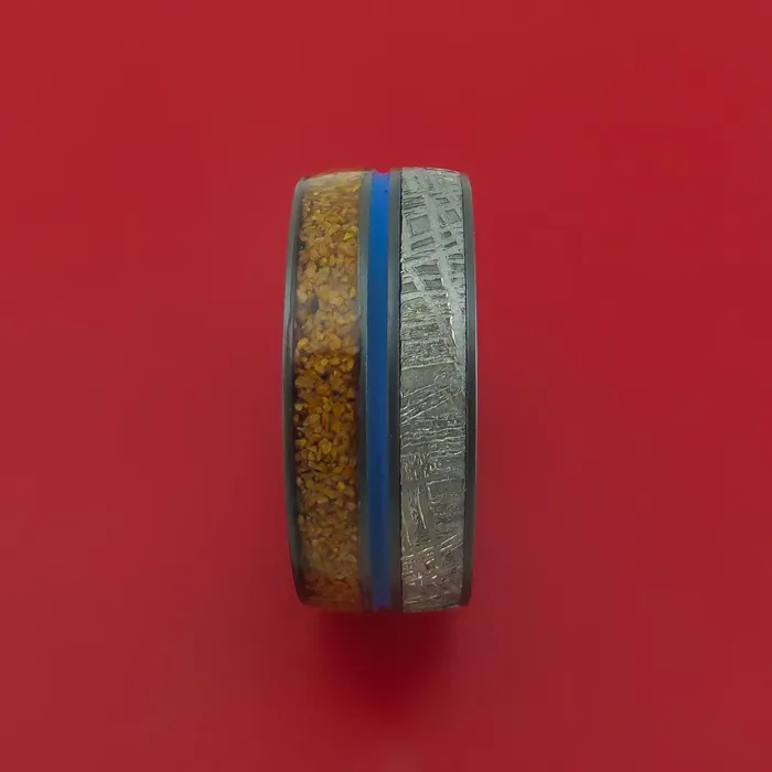 Black Zirconium Ring with Dinosaur Bone Gibeon Meteorite and Cerakote Inlays Custom Made Band Lashbrook Rings Black Zirconium Ring with Dinosaur Bone Gibeon Meteorite and Cerakote Inlays Custom Made Band Lashbrook Rings
