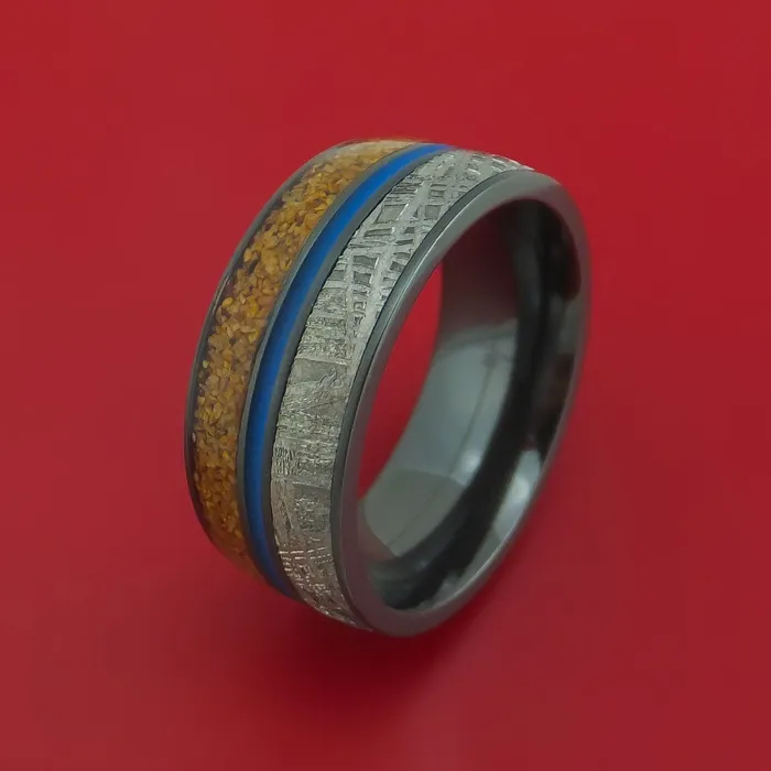 Black Zirconium Ring with Dinosaur Bone Gibeon Meteorite and Cerakote Inlays Custom Made Band Lashbrook Rings Black Zirconium Ring with Dinosaur Bone Gibeon Meteorite and Cerakote Inlays Custom Made Band Lashbrook Rings