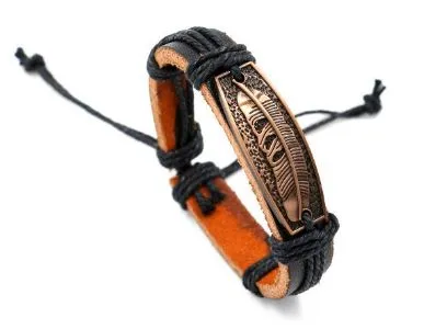 Bracelets 01 B588 Black Leather Copper Leaf Bracelet