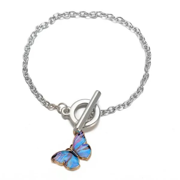 Bracelets 01 L292 Silver Purple Blue Butterfly Charm Bracelet