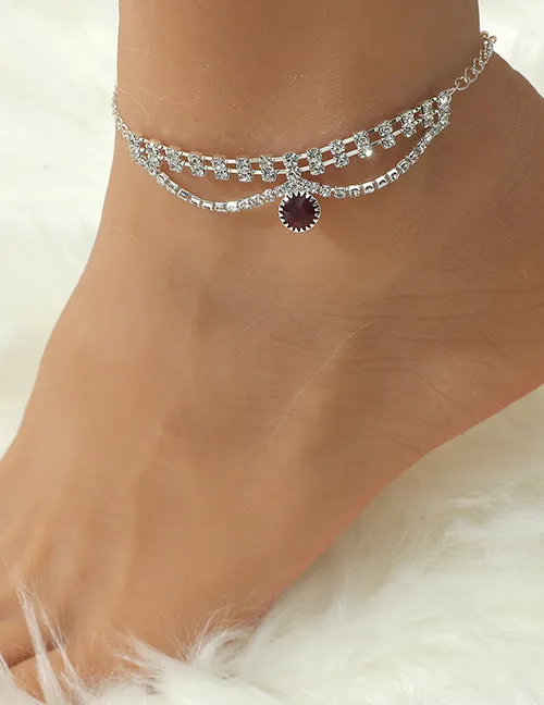 Bracelets 02 B288 Silver Rhinestone Red Gemstone Ankle Bracelet