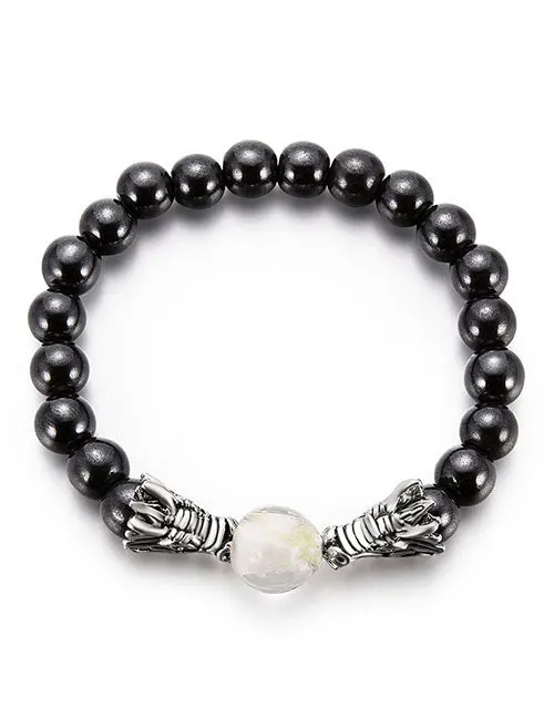 Bracelets 02 B364 Black Bead Silver Dragon Head Stretch Bracelet