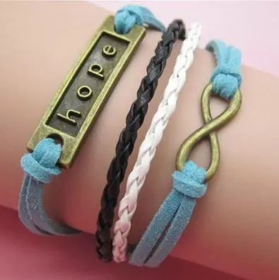 Bracelets AZ1310 Light Blue White Black Hope Infinity Layer Leather Bracelet alice Bracelets AZ1310 Light Blue White Black Hope Infinity Layer Leather Bracelet alice